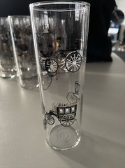 Vtg Libbey MCM Black & Gold Horseless Carriage Highball Barware Set Of 9 Glass