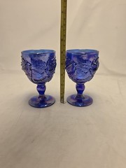 Vtg Fenton Cobalt Blue Madonna Inn Wild Rose Mosser Wine Glass Goblets Set Of 2