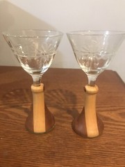 Vtg Set Of 2 Two Tone Wooden Stem Cordial Glasses Etched Flowers Handmade Base