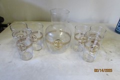 vintage retro pitcher and set of six drinking glasses fleur de lis print emboss