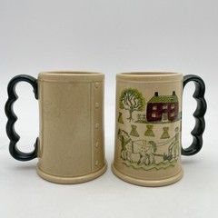 Vintage Poppytrail Metlox Farm Scene Beer Steins Set Of 2 Stoneware Mugs USA