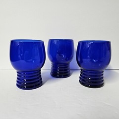 Imperial Glass Cobalt Blue Ribbed Shaeffer Tumblers Set of 3 Made in USA 4″ Tall