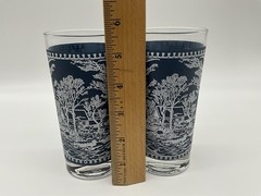 Currier and Ives «Old Grist Mill» Blue and White Matte Drinking Glasses VTG (2)