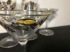 Vintage Gold Rim & Leaves Stemware Martini Champagne Glasses Barware Mid Century