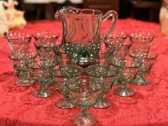 Vtg Fostoria Jamestown Green Glass Set 16pc Pitcher Water Goblets Sherbet Cups