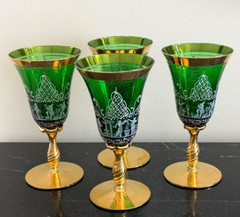 Vintage Italian Venetian Hand Painted Enamel Green and Gold Gilt Glass Goblets