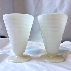 2 1930s Milk Glass Tiered (Beehive) Pedestal Round Base Parfait Tumblers Goblets