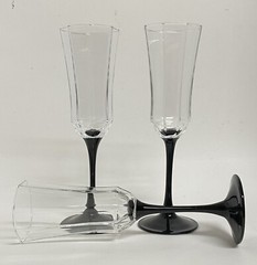 3 ct VTG Luminarc France Octime Black Stem Champagne Flutes Wine Glasses 8 5/8”