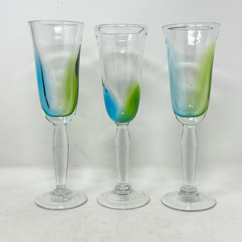 Set 3 Hand Blown Blue Green Tulip Art Glass Wine Champagne Stem 9.5″ Tall