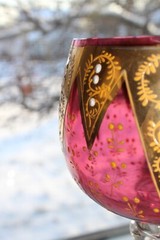 Antique Moser Cranberry Red Enameled Raised Gold Glass Goblet 14″
