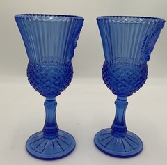 Fostoria Avon Cobalt Blue Glass Goblets (2) Ribbed Design/Diamond Cut Pattern