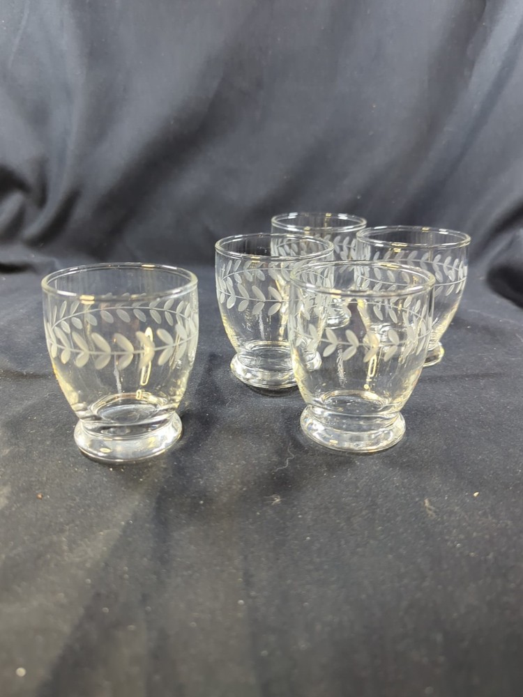2 3/4″ Vintage Anchor Hocking Etched Laurel Leaf Juice Tumbler Shot Glass Set 5