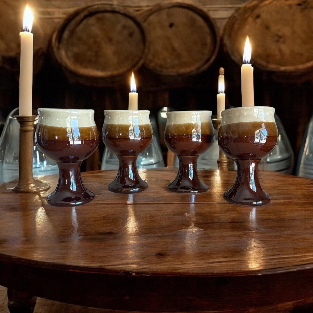 Vintage Drip Glaze Pottery Goblets Wine Glasses Brown Beige Set of 4 Ceramic