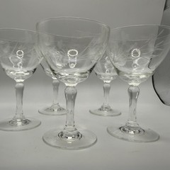 5 Champagne Etched Floral Wine Glasses Goblets Coupe Crystal Stemware Vtg Bar