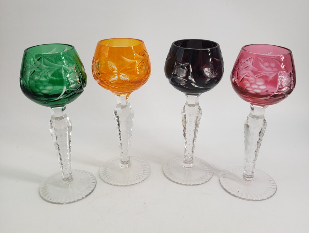 Vintage Lausitzer Multi-Color Cut to Clear Cordial Glass Set of 4