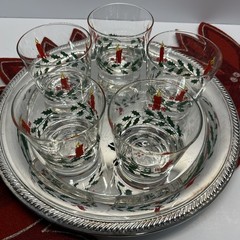 Vintage Christmas Lowball Old Fashioned Glasses Set of 5 With Round Silver Tray