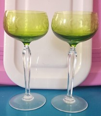 Pair of chartreuse green Val St. Lambert fleur de lis stem wine glasses Signed