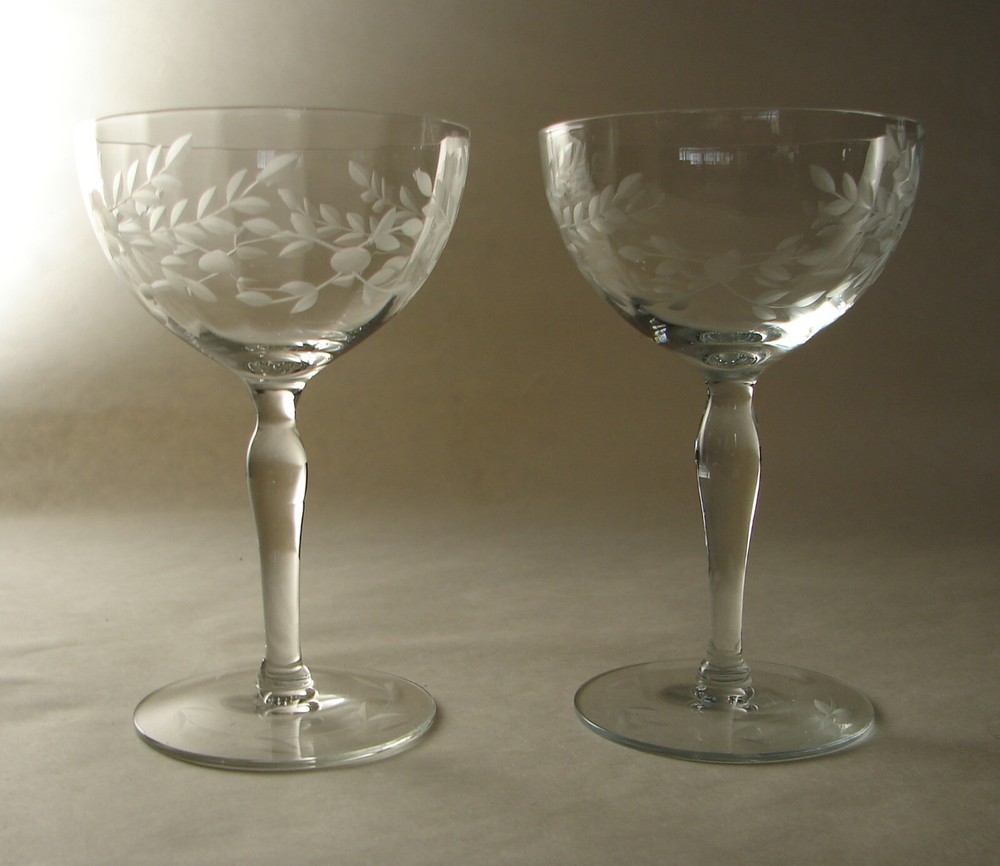 2 Standard Glass Depression Era Champagne Tall Sherbets Optic Bowl Gray Cut #136