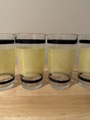 VTG Rare 1940-50s Yellow BURLAP (4) Tumbler Retro Glasses Black Border Barware