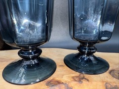 2 Vtg Lenox USA Antique Dark Blue Iced Tea Glasses 6-5/8″ Paneled Stem Footed