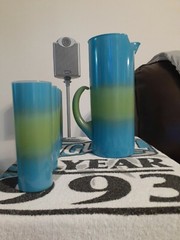 RARE Vintage 60′ MCM GREEN & BLUE Frosted Blendo Pitcher and Glass Set Ombré