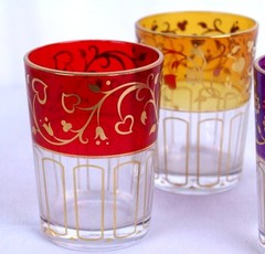 3 Jewel Tone Juice Glasses Double Shots Candle with Gold Tone Pattern Appx 3.25″