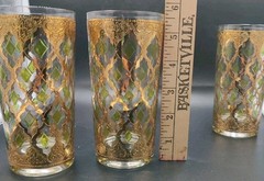 3 Vintage Culver Glass Valencia High Ball Glass 22k Gold Green MCM Barware EVC