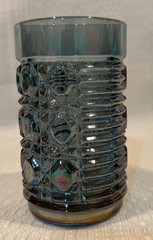 Vintage Set of 8 Blue Iridescent Pressed Glass Tumblers–Heavy Geometric Pattern
