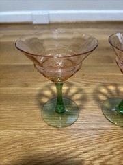 Set of Two Tiffin Pink Green Sherbet Wine Stems Watermelon Uranium Glass 5.25in