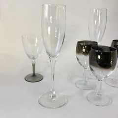 Silver Wine Glass Clear Mirror Smoke Gray Table Glass Stemware Stem Vtg Lot of 6