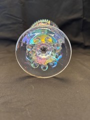 Beautiful iridized clear glass goblet with a bunny rabbit theme. 6 inches tall.