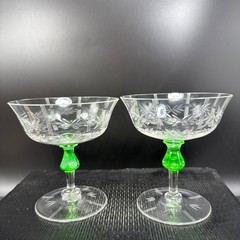 Vintage Uranium Glass Etched Laurel Leaf Champagne Coupes Vaseline Stem Cups Set