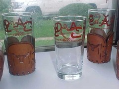 4 Vintage Libbey Bamco Western Glasses 5.5” 12 oz w Tooled Leather Holder