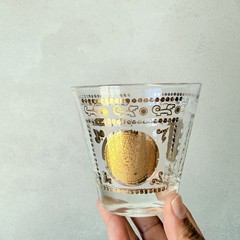 Set Of 4 Hazel Atlas Aztec Gold Medallion Rocks Glasses MCM Barware SET A