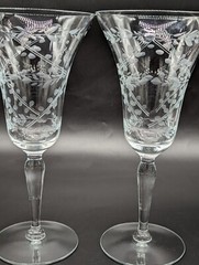 VTG Pair of Hand Cut & Mouth Blown Water/Wine Goblets Plant & Dot Cut Design EUC