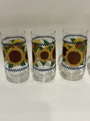 6 Vintage Glass Tumblers 16 oz To Rim 5 3/4″ Tall Sunflowers, Blue Checkered