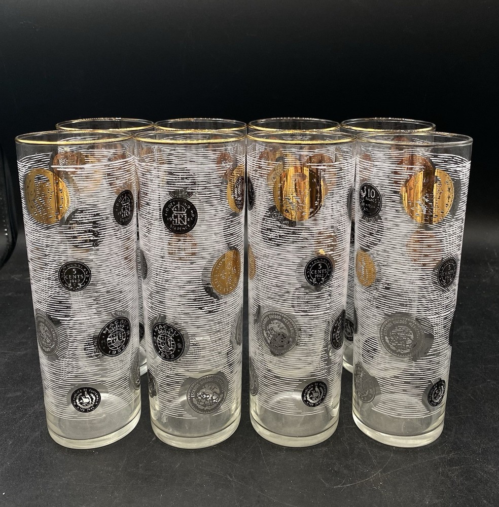 MCM Libbey 22k Gold Trim Coin Tom Collins 7” Highball Bar Glasses Set Of 8