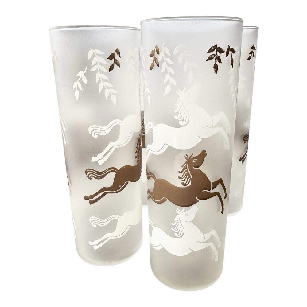 Four Frosted Vintage 1950’s Libbey Cavalcade Jumping Horses Highball Tumblers