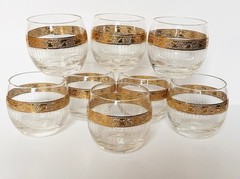 RARE Culver Tyrol 22K Gold Roly Poly Glasses Set 8 Mid-Century Whiskey Tumblers