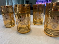 Vintage Mid-Century Modern Gold Floral Rose Tumbler Glasses, Set of 5