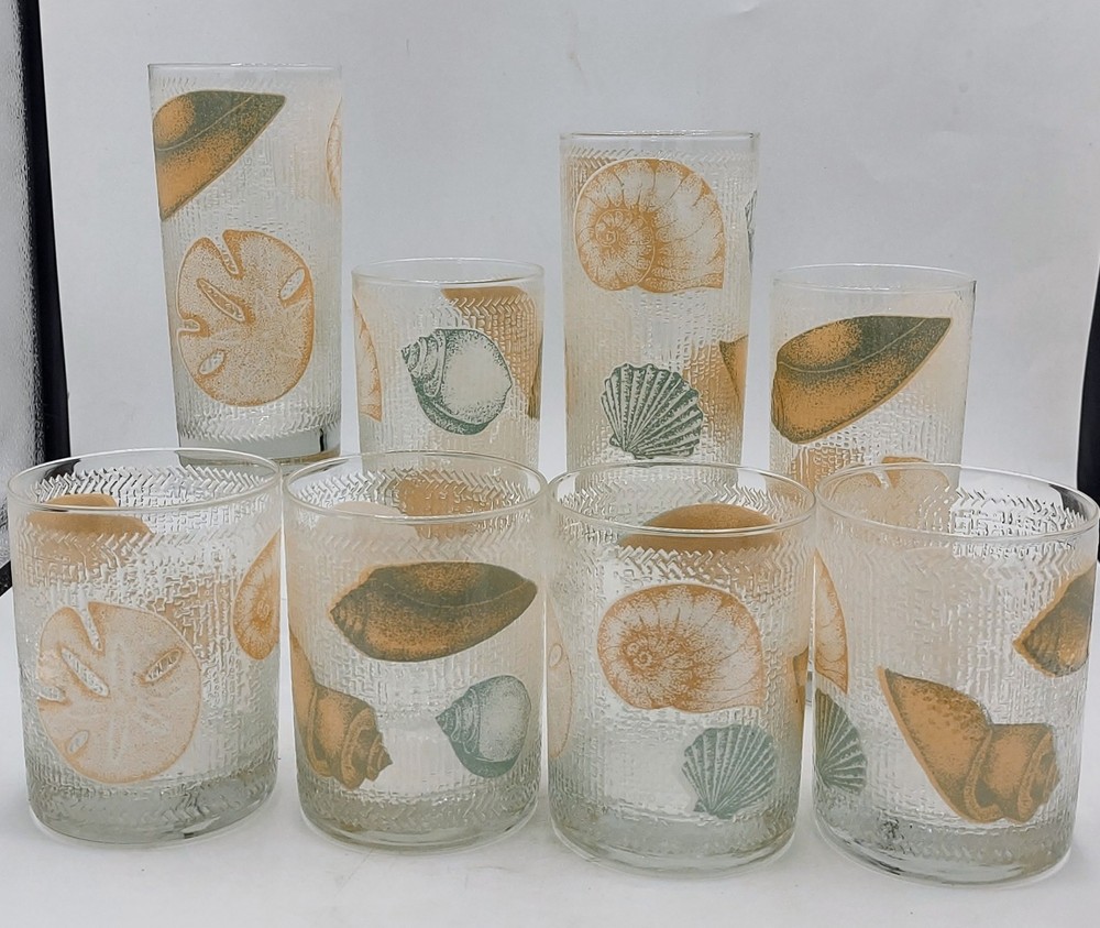 Vtg Culver Hi-ball/Low-ball Cocktail Seashell Pastel Textured Glasses Set of 8