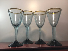 Rustic Hand Blown Goblets Wine Glasses with Brown Base and Rim Set of 4