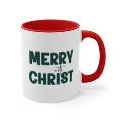 Two-tone Accent Ceramic Mug 11oz – Merry with Christ – Green Plaid Christmas Hol