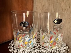 2 Murano White Crystal Multicolored Confetti cocktail glasses Hand Made Italy