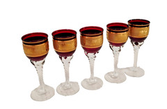 5 Bohemian Ruby Red Gold Gilded Crystal Cordial Wine Glasses