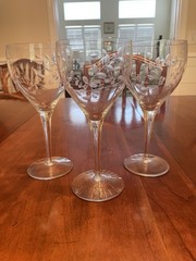 Vintage Etched Crystal Stemware Set Of 3 Wine Glasses Vines With Leaves