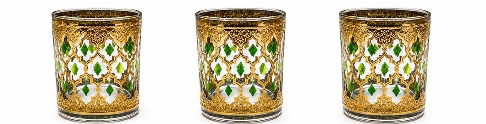 3 Culver Valencia MCM 22k Gold And Green Diamond Pattern Lowball/Rocks Glasses