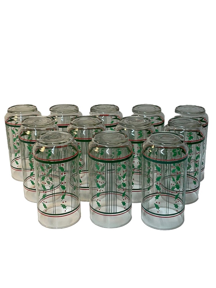 Set of 12 Vintage Libbey Holiday Christmas 16oz Glasses Red Green Stripes Holly