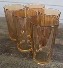 Set 5 Vintage Jeannette Iridescent Marigold Optic Panel 10oz RIBBED Tumblers EUC
