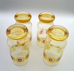 Vintage RETRO Amber Glass ~ APPLIED RAISED RED YELLOW FLORAL ~ Drinking Tumbler